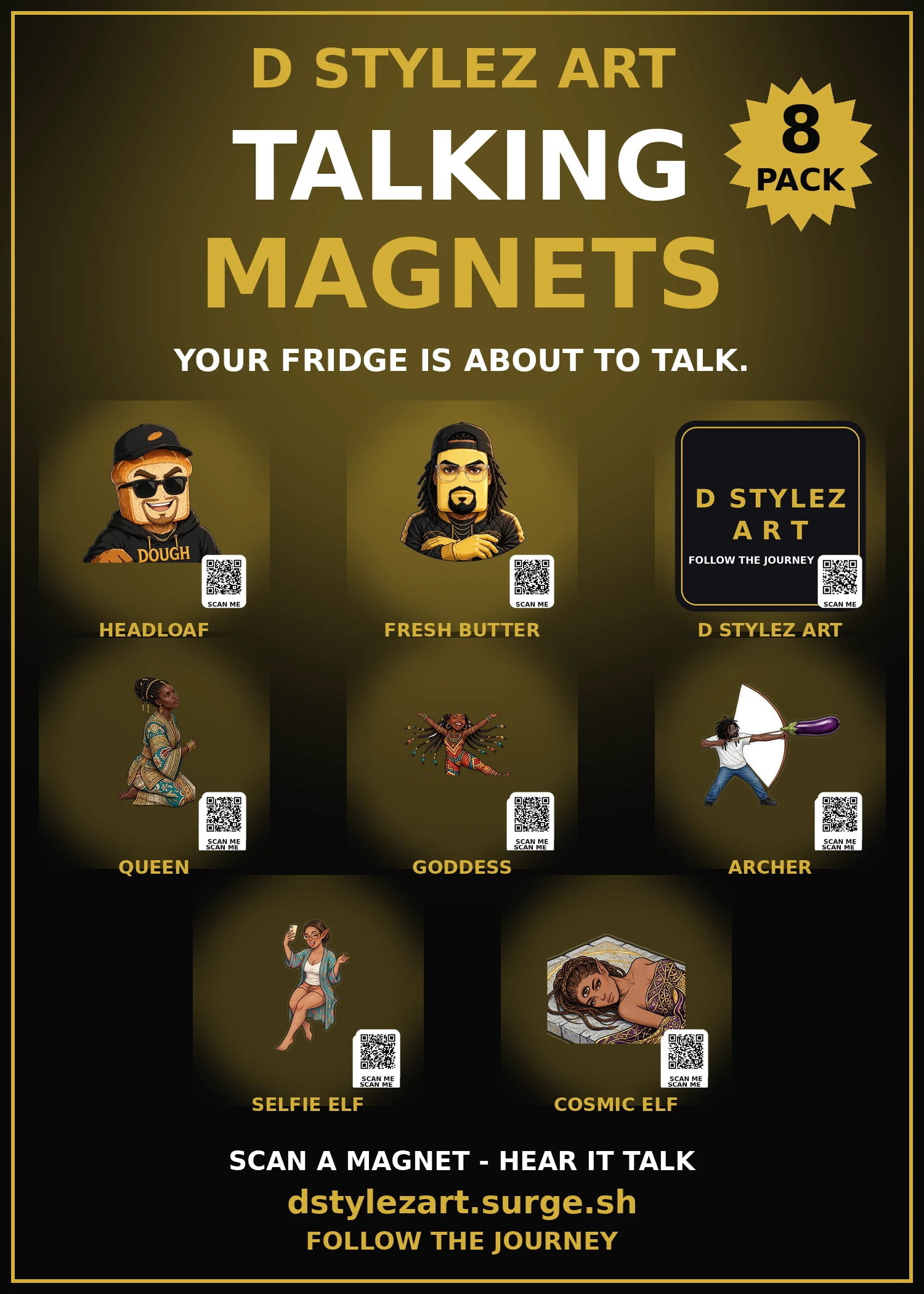 Talking Magnets Wave 1 — the full 8-magnet set backing card.