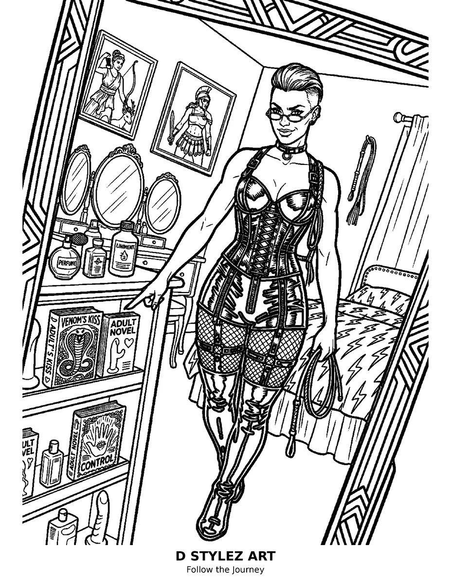 Dominatrix bookshelf vault artwork — 18+