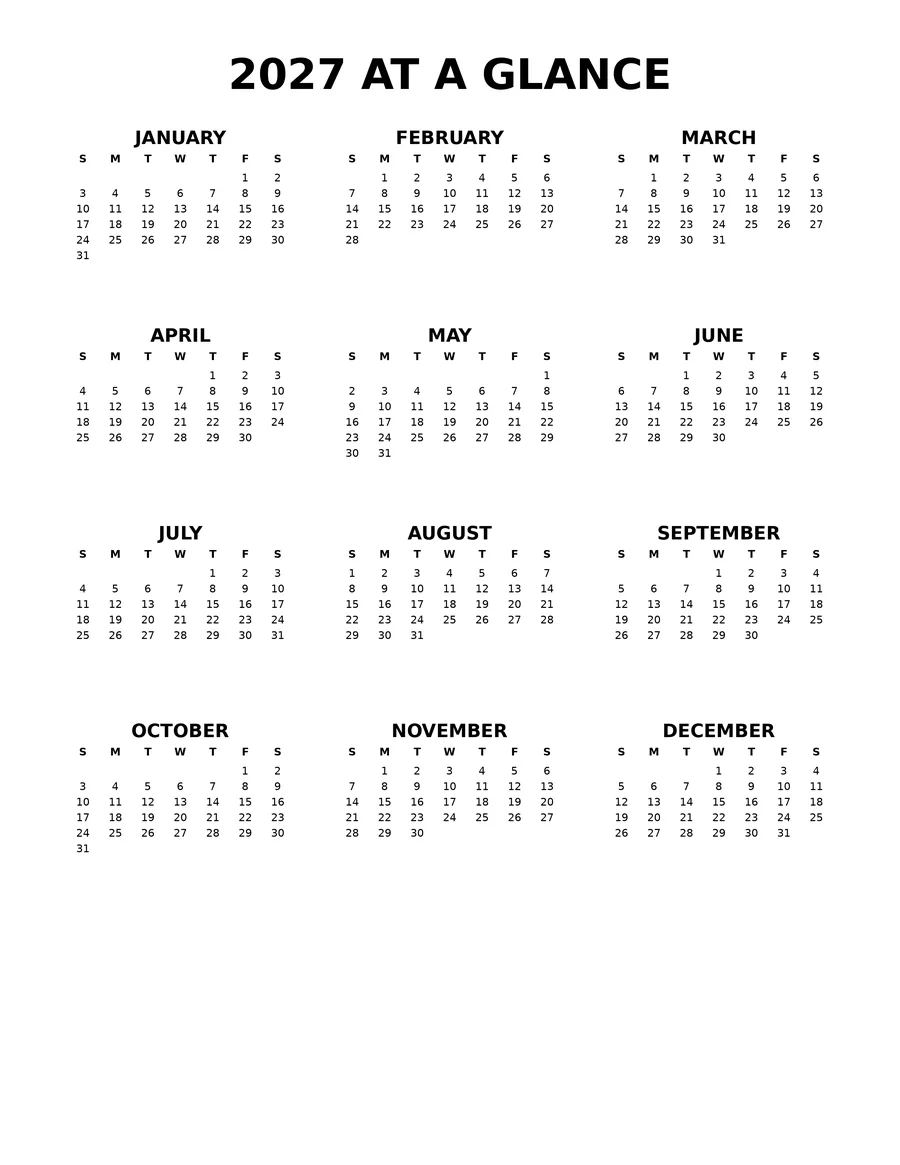 2027 year at a glance