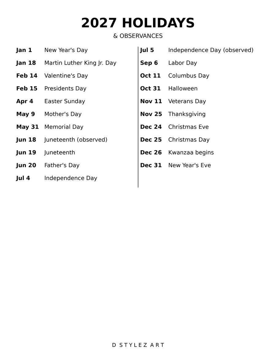 2027 holiday list